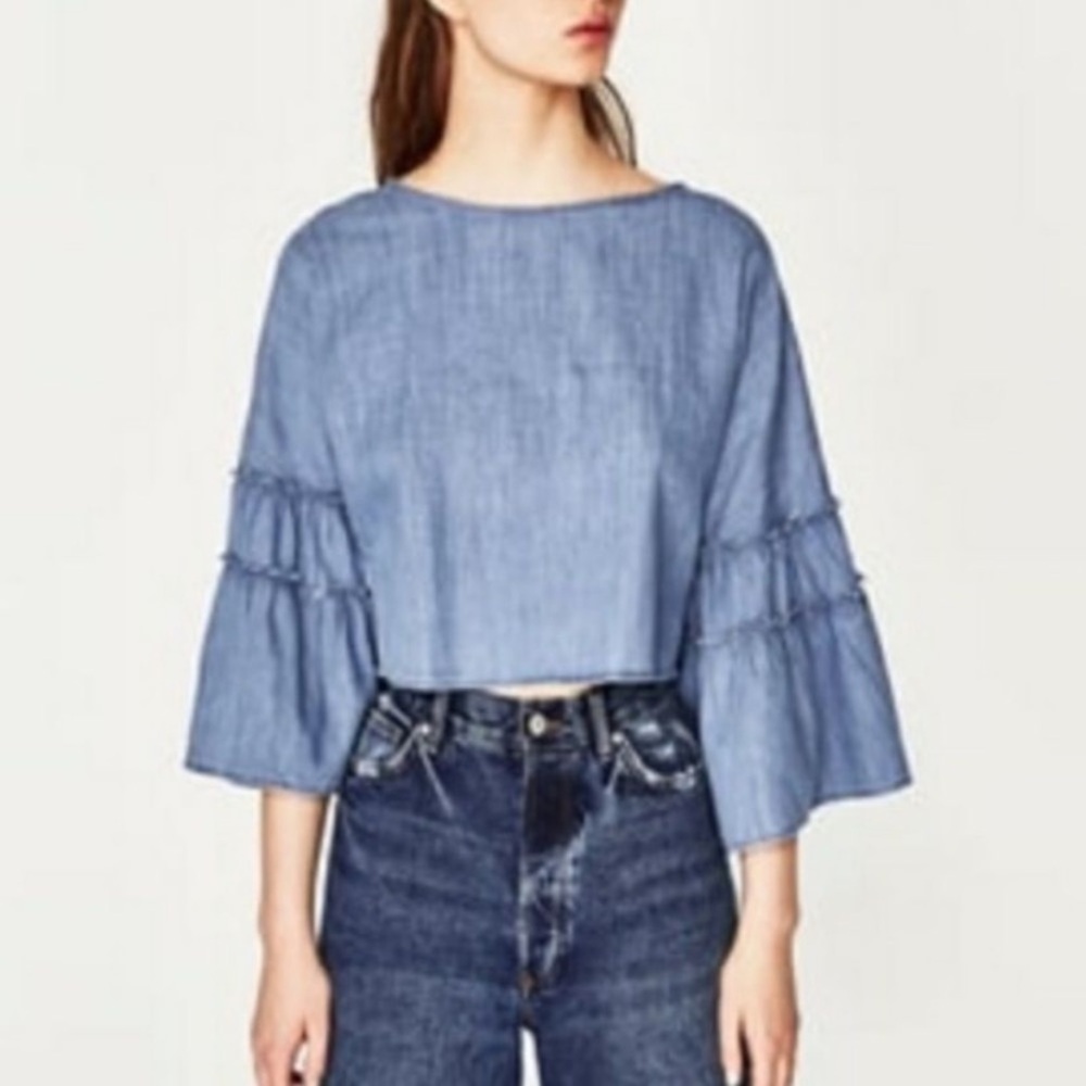 Zara Blue Chambray Denim Wide Sleeve Raw Hem Cropped Blouse